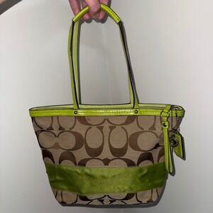 Coach Signature Canvas Tote Bag Brown Beige Lime Green Shoulder Purse‎